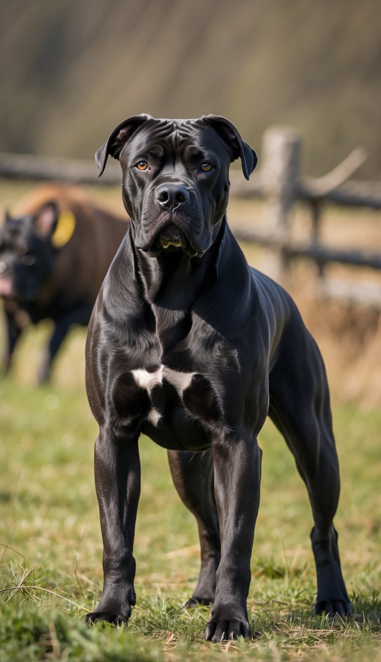 A Cane Corso dog standing alert in a grassy field with a wild boar and wooden fence in the background.