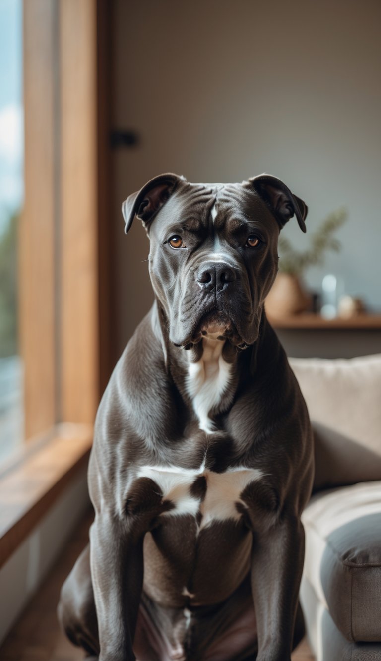 A Cane Corso dog sitting indoors near a window, looking attentively at the camera.
