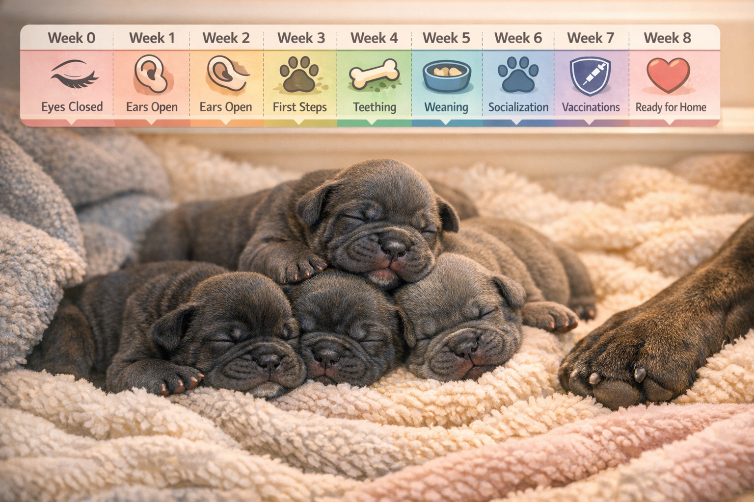 Detailed landscape image (1536x1024) showing adorable Cane Corso newborn puppies huddled together in a whelping box with soft blankets, eyes