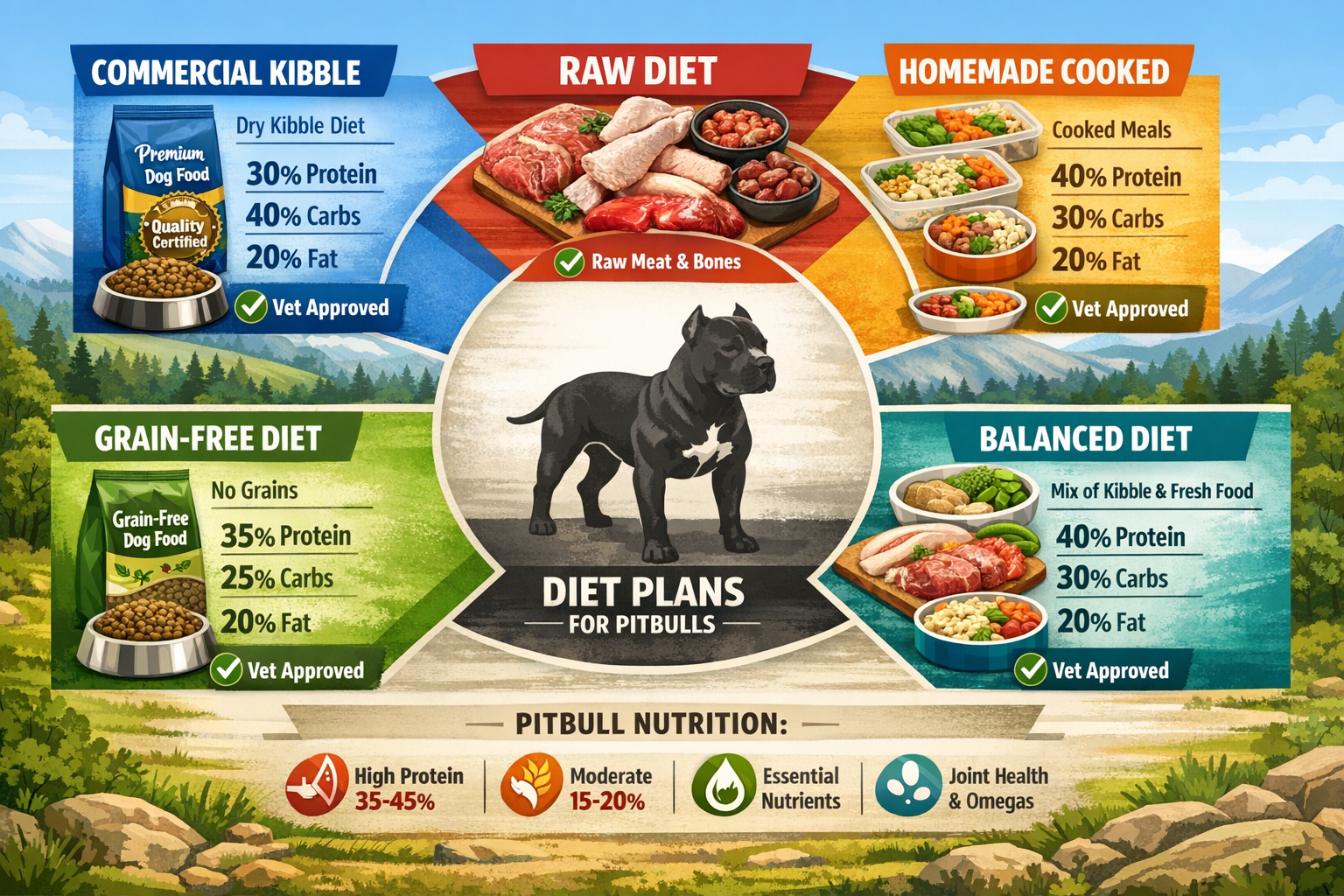 Detailed landscape infographic (1536x1024) showing five distinct diet plan options laid out in circular arrangement around central pitbull s