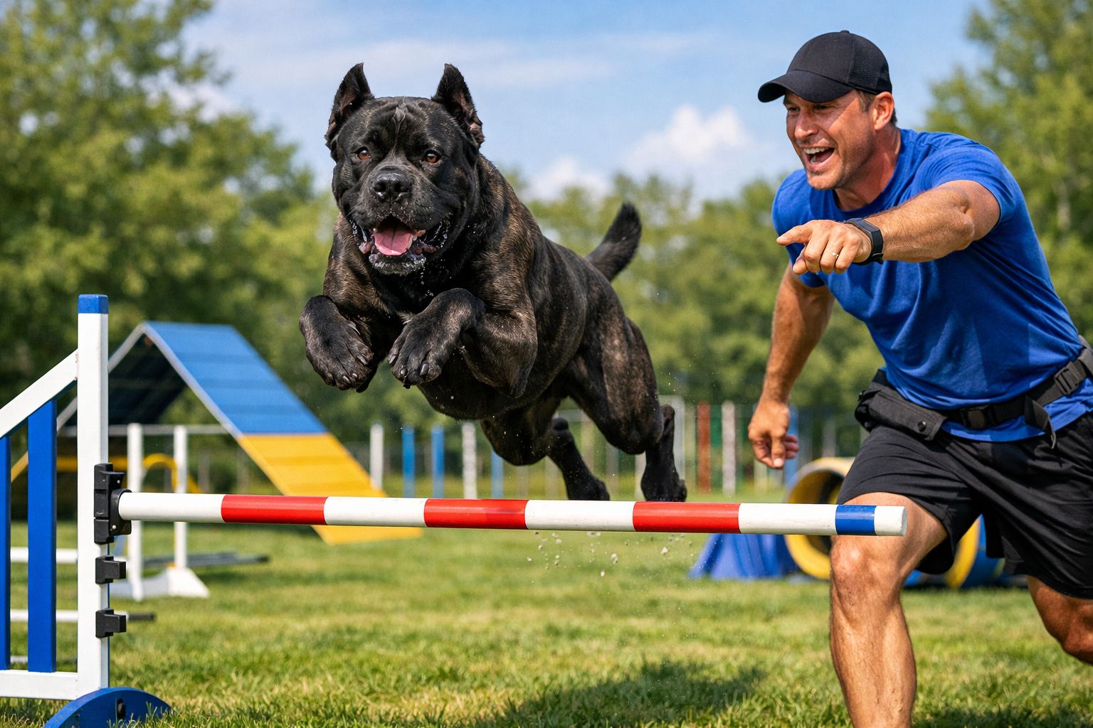 Landscape image (1536x1024) showing energetic Cane Corso dog engaged in high-intensity exercise routine, featuring dog running agility cours