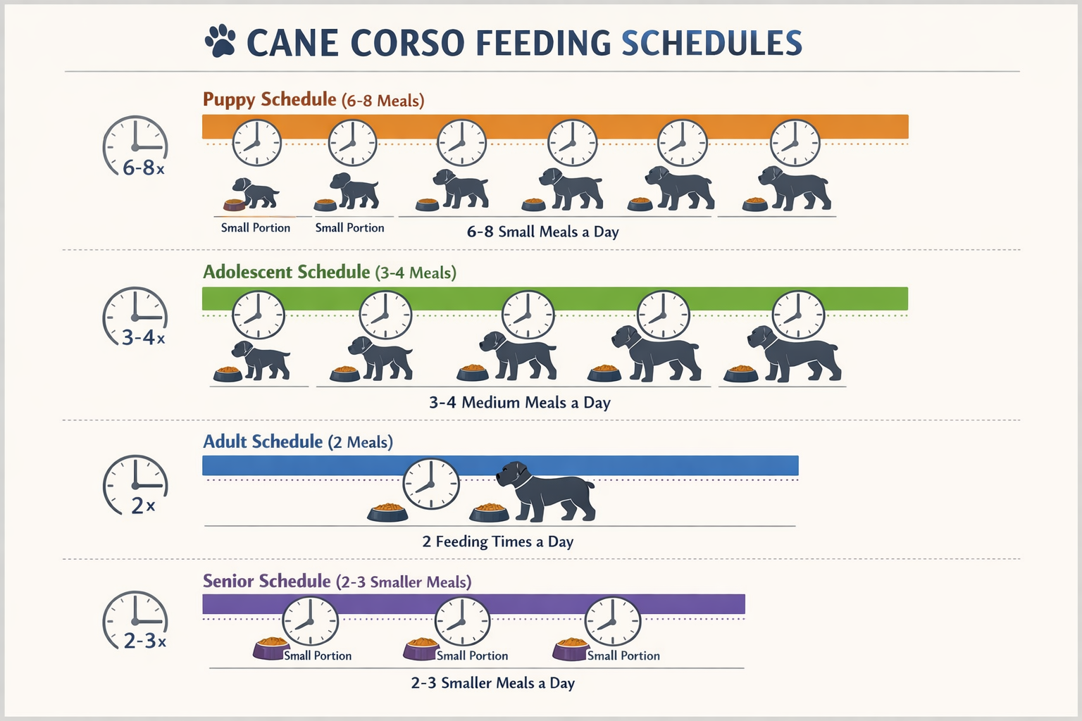 Detailed infographic showing four distinct feeding schedule timelines for Cane Corso dogs: puppy schedule (6-8 meals), adolescent schedule (