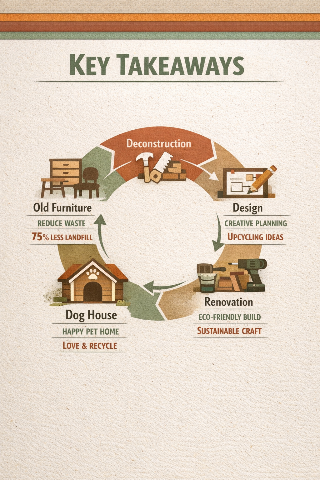 Key Takeaways section infographic visualizing upcycling furniture into dog houses, featuring a bold central circular diagram with 4-5 key tr
