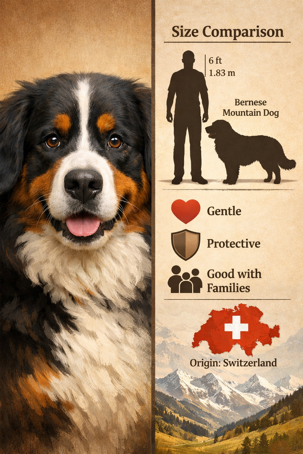Portrait/Pinterest format (1024x1536) image showing Bernese Mountain Dog breed characteristics with split-screen composition: left side feat