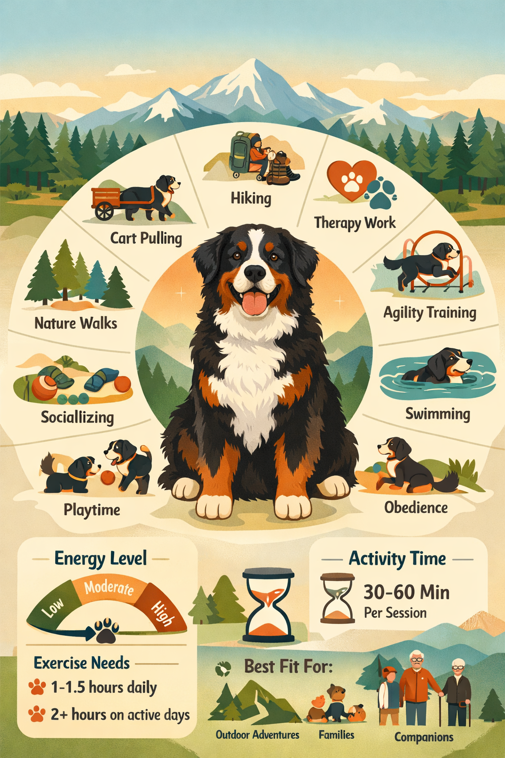 Don't use text on the cover image. Infographic-style editorial image showcasing '10 Gentle Giant Activities' for Bernese Mountain Dogs, feat