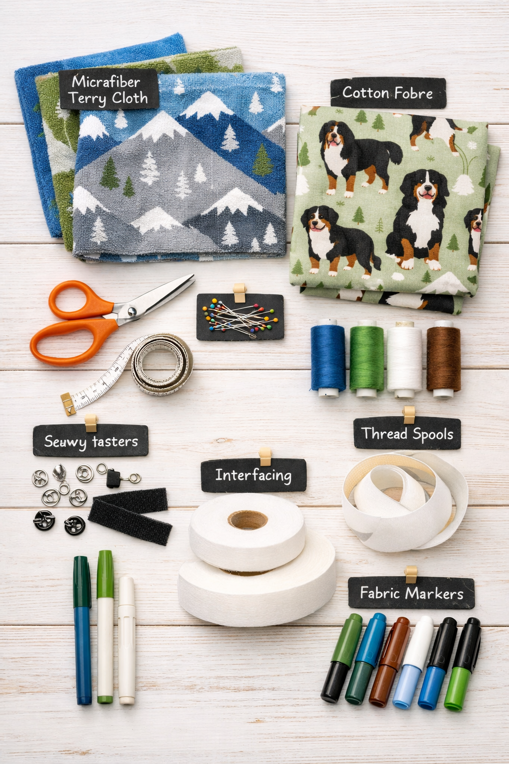 Don't use text on the cover image. Portrait/Pinterest format (1024x1536) detailed flat lay composition showing all essential materials for c