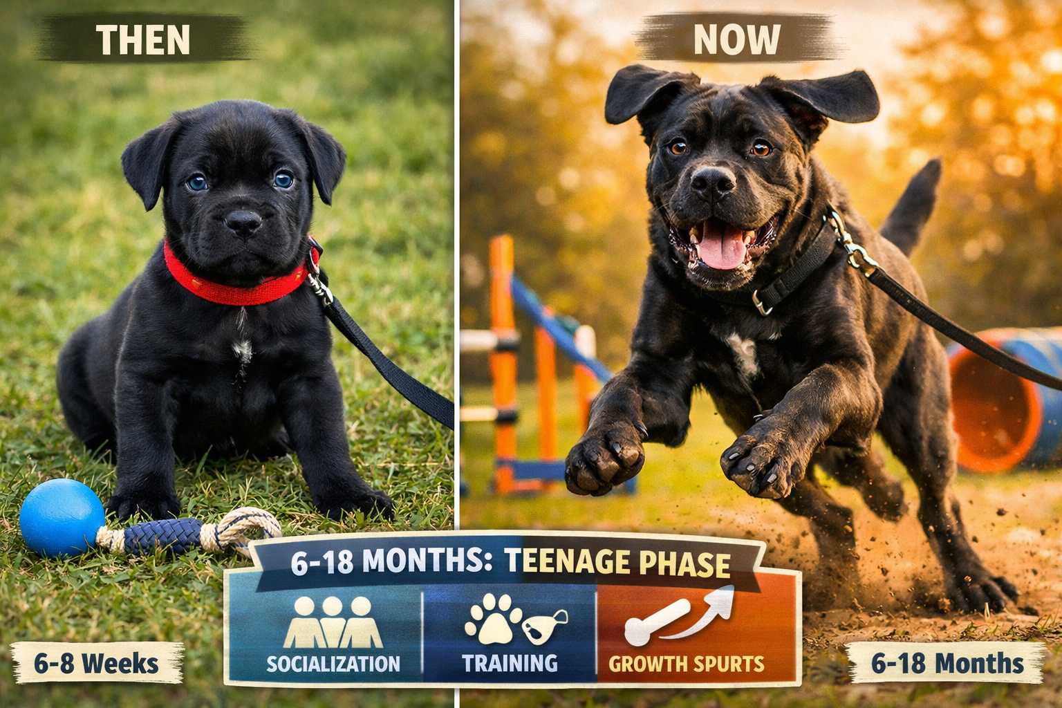 Detailed landscape image (1536x1024) depicting energetic Cane Corso adolescent dog in training session, showing characteristic teenage awkwa