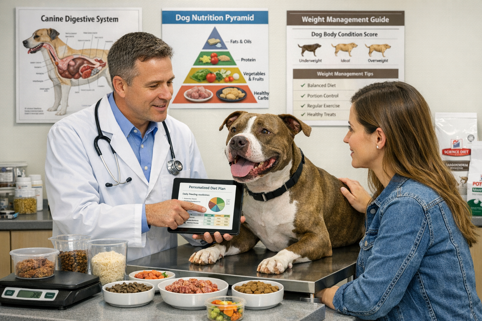 High-quality landscape photograph (1536x1024) of veterinarian in white coat examining healthy pitbull on examination table while discussing