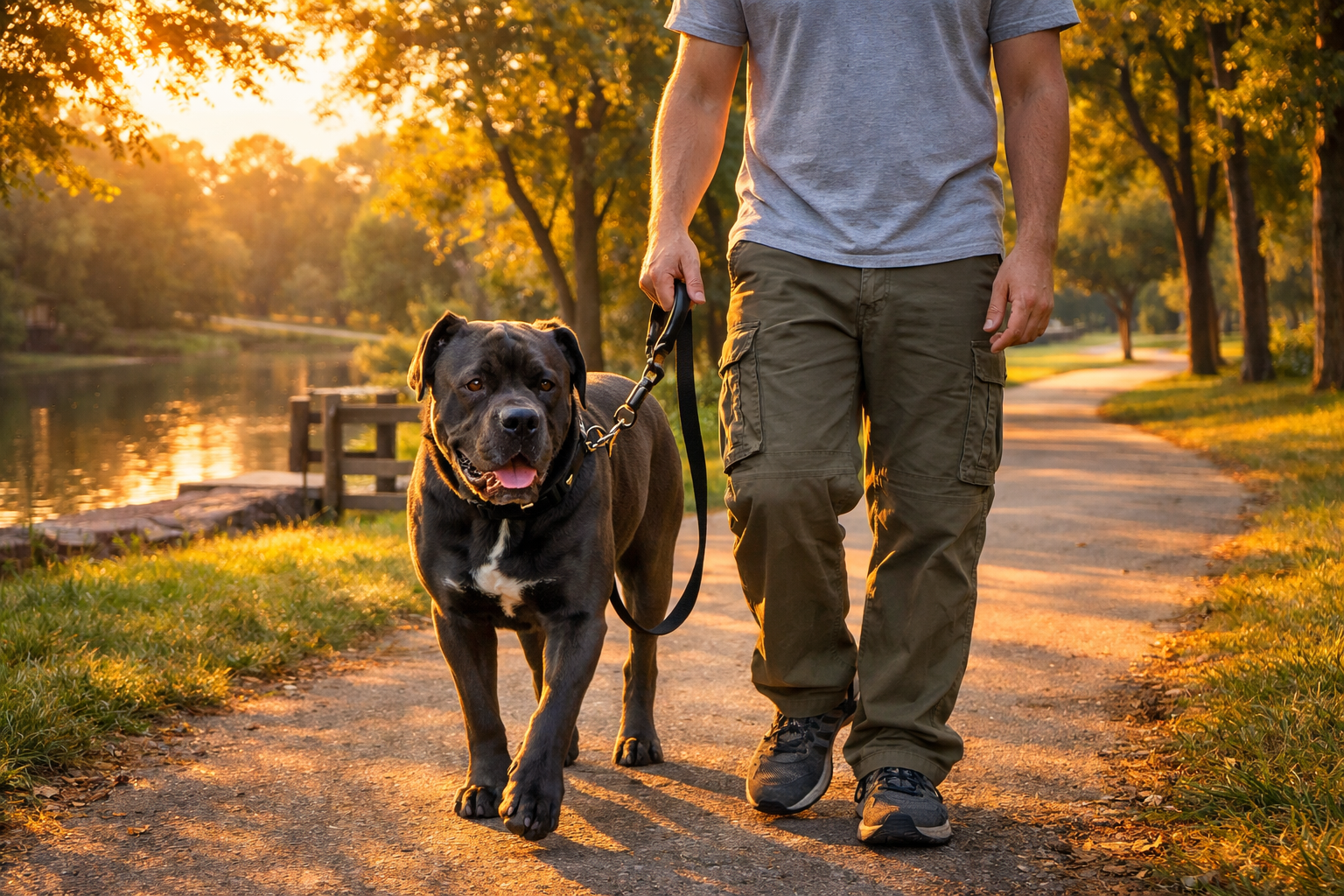 Landscape image (1536x1024) depicting calm Cane Corso dog participating in moderate exercise routine, featuring leisurely walk through sceni