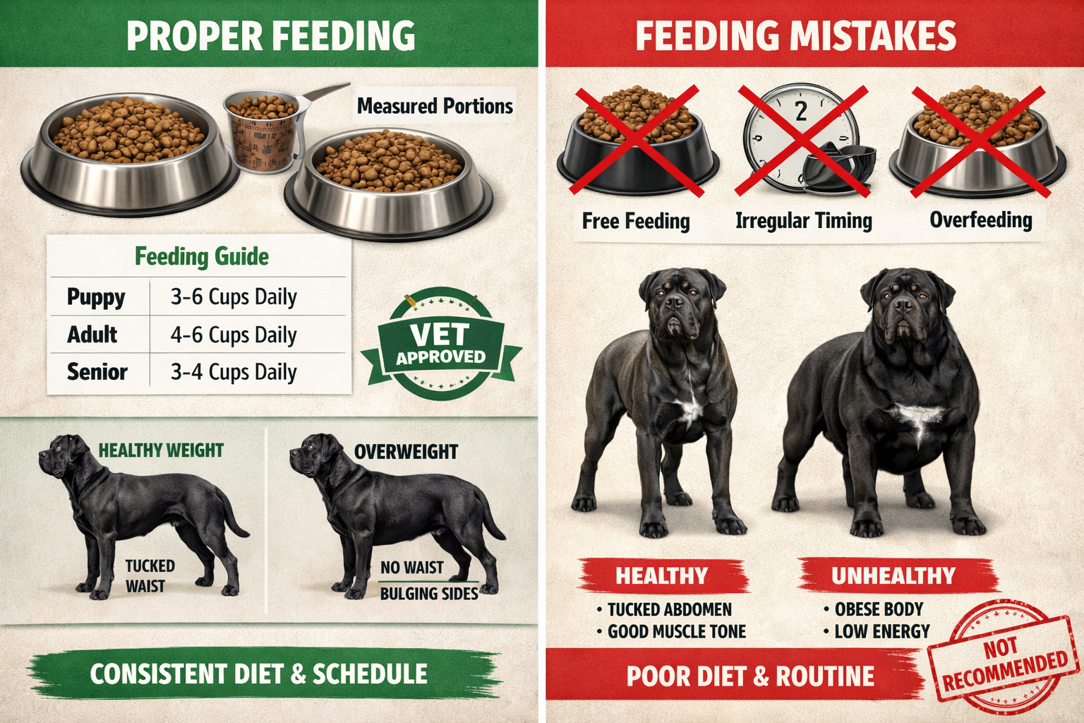 Split-screen comparison image showing proper Cane Corso feeding techniques: left side displays measured kibble portions in stainless steel b