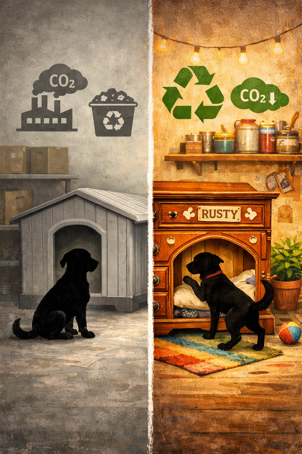 Conceptual illustration for 'Why Upcycle Furniture for Your Dog' section: Split-screen composition showing contrast between generic mass-pro