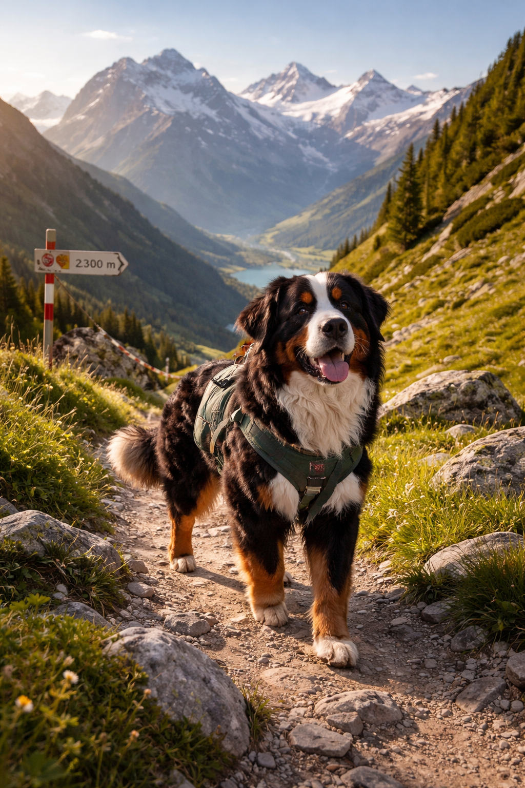 Don't use text on the cover image. Photorealistic landscape composition of a Bernese Mountain Dog hiking a scenic mountain trail, showcasing