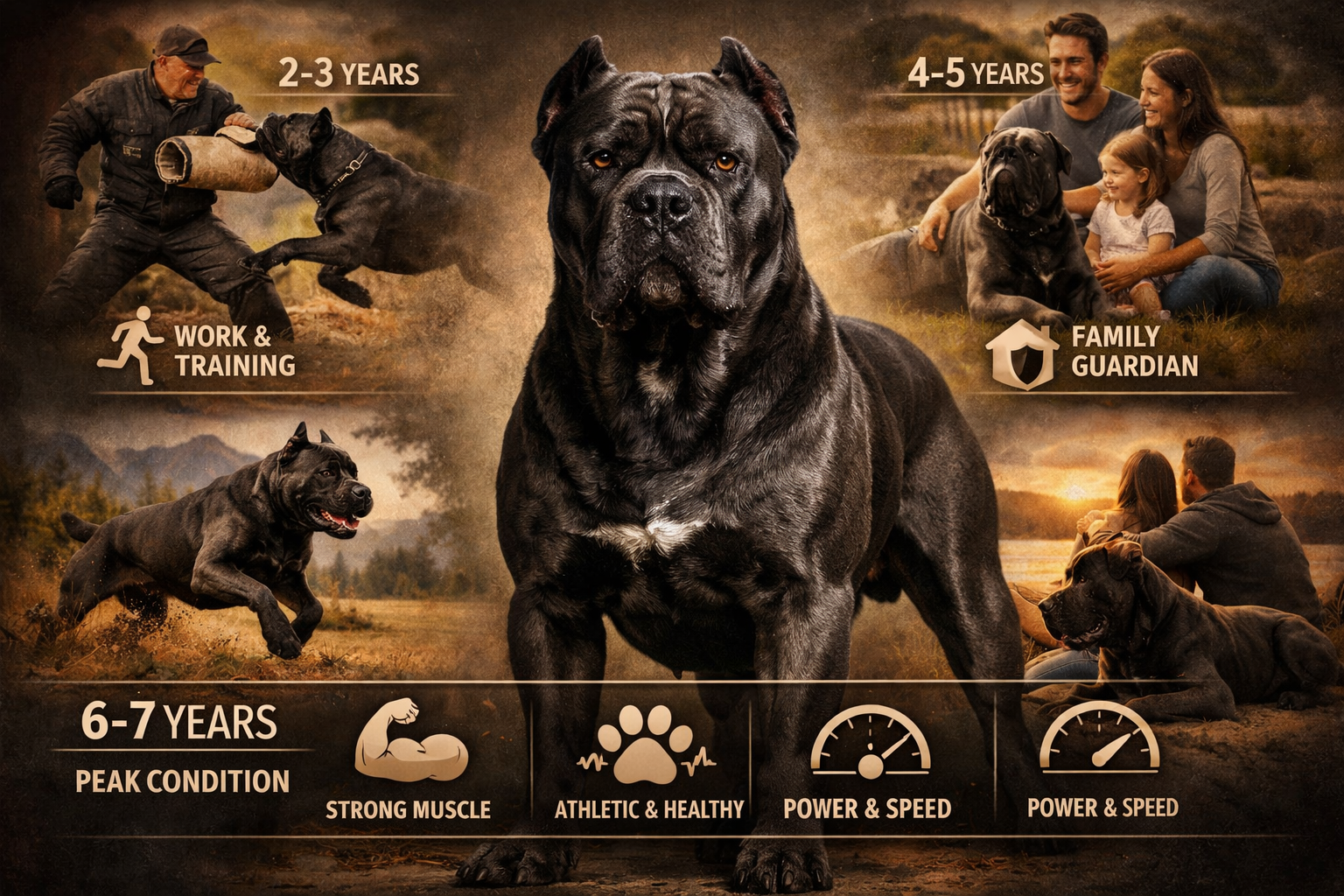 Detailed landscape image (1536x1024) showing powerful adult Cane Corso in prime condition, muscular build, confident stance, alert expressio