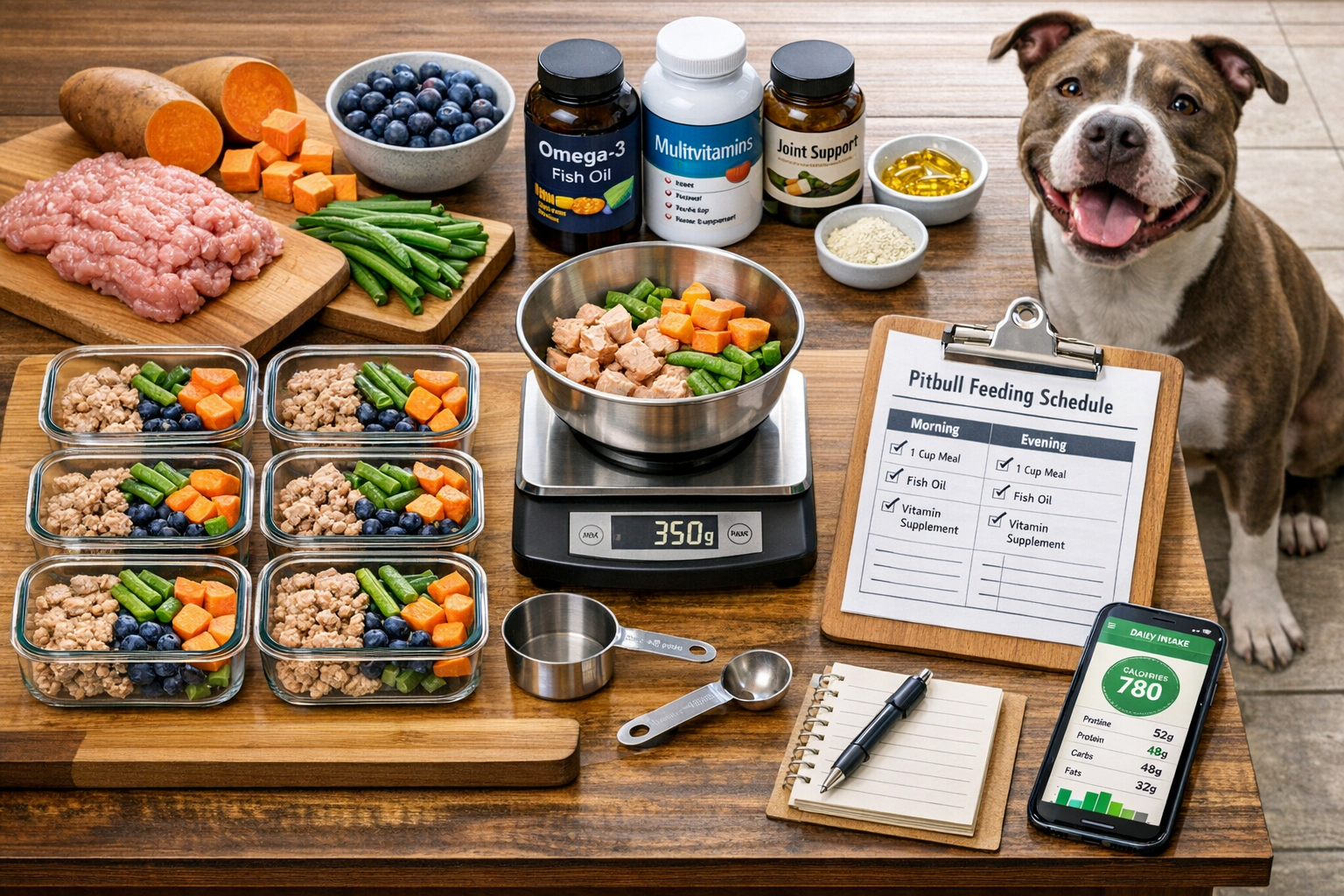 Detailed landscape composition (1536x1024) showing meal prep station for pitbull diet with organized sections: portion-controlled meals in g