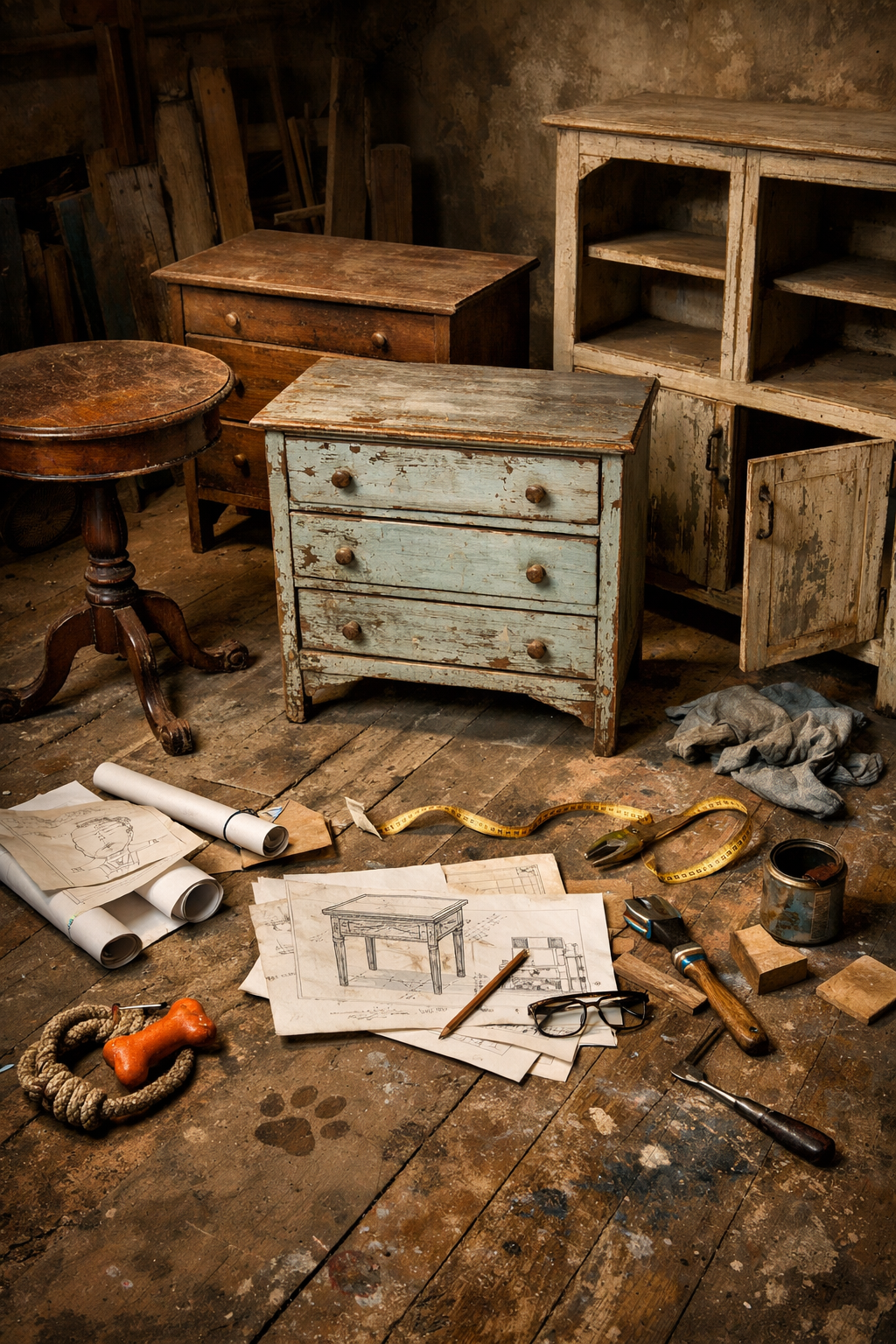 Photographic scene for 'Finding the Perfect Furniture Piece' section: Curated vintage furniture selection spread across rustic workshop floo