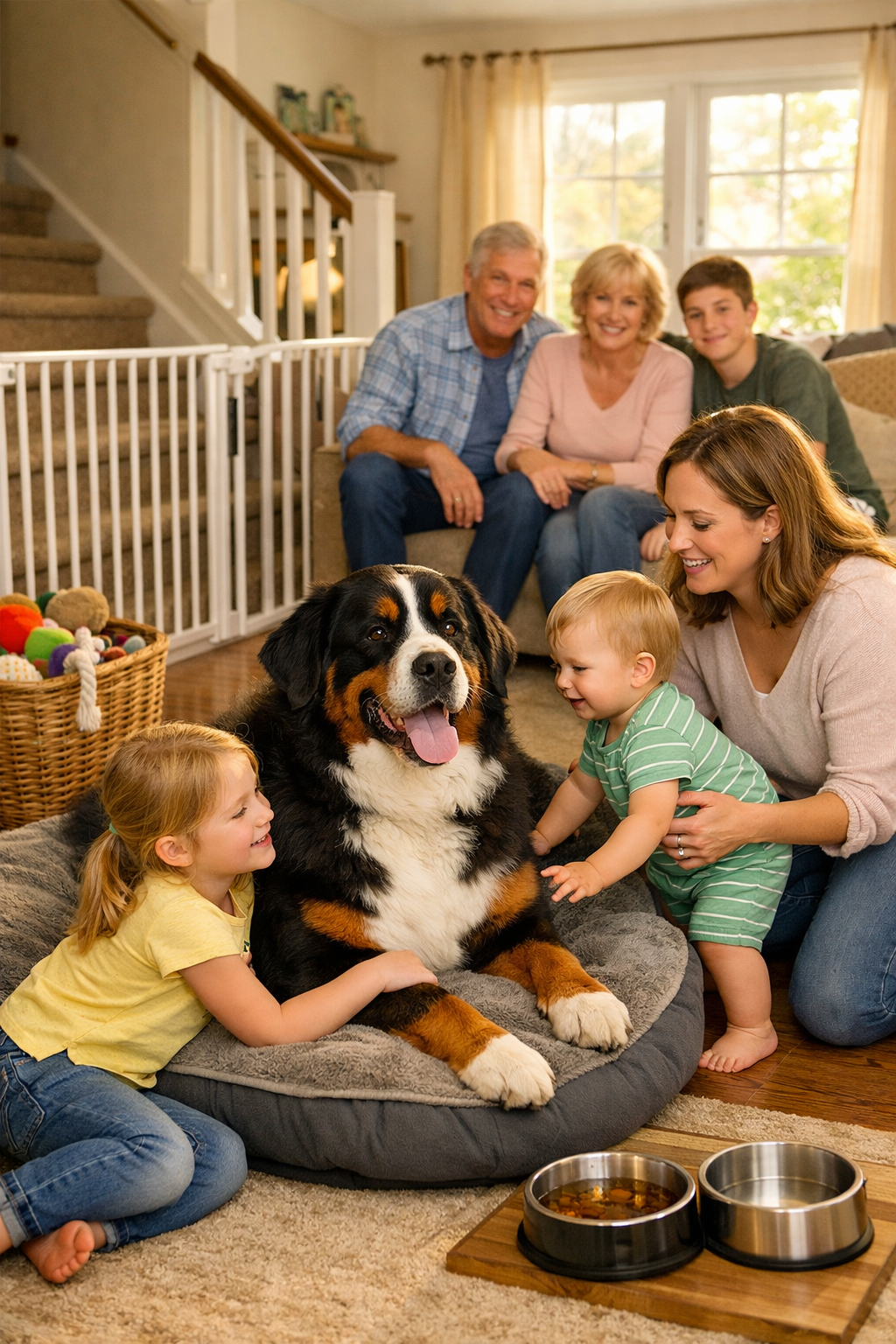 Portrait/Pinterest format (1024x1536) lifestyle image of Bernese Mountain Dog in perfect family home setting: spacious living room with dog