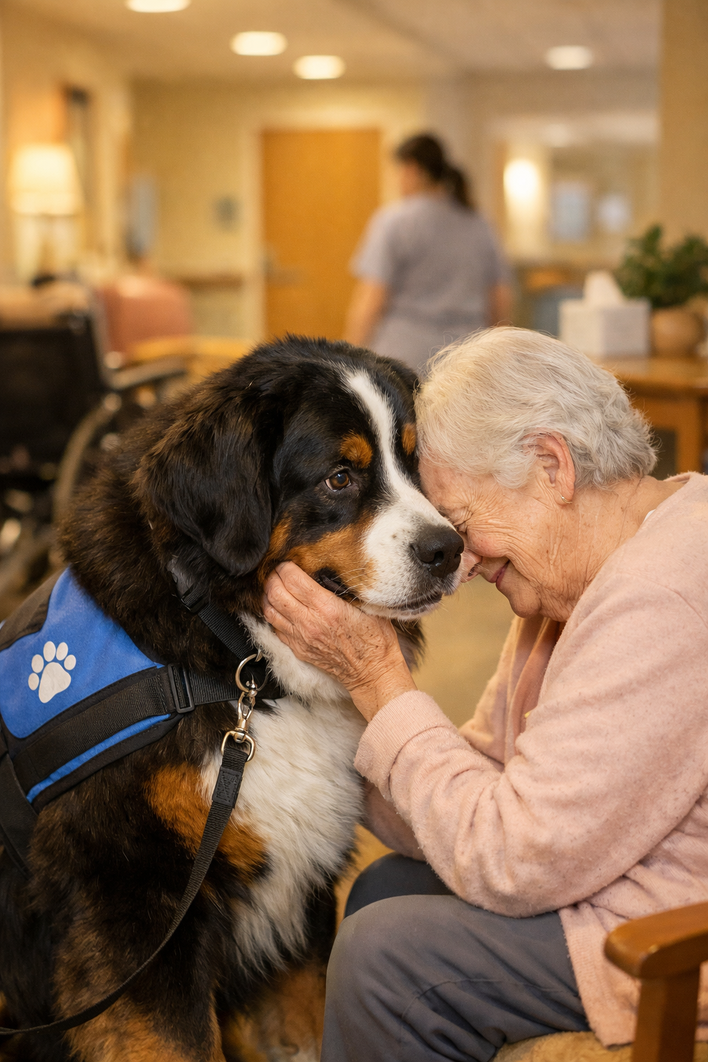 Don't use text on the cover image. Heartwarming documentary-style image depicting a Bernese Mountain Dog in a therapy work setting, interact