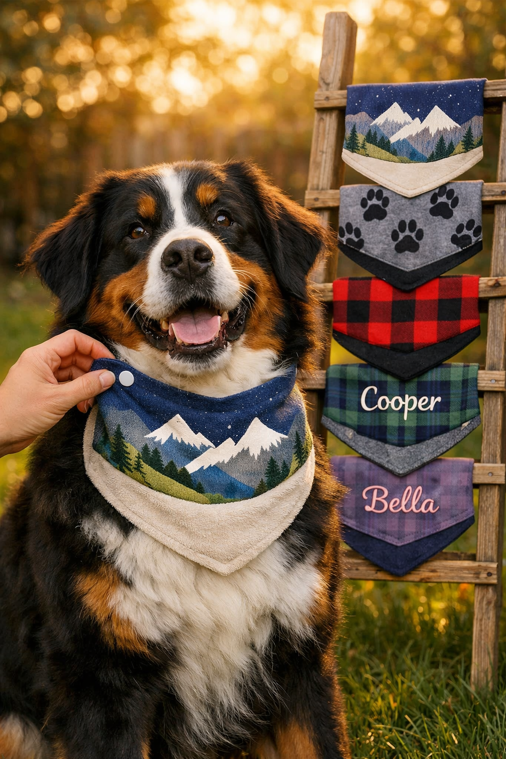 Don't use text on the cover image. Portrait/Pinterest format (1024x1536) lifestyle photograph showing happy Bernese Mountain Dog wearing com