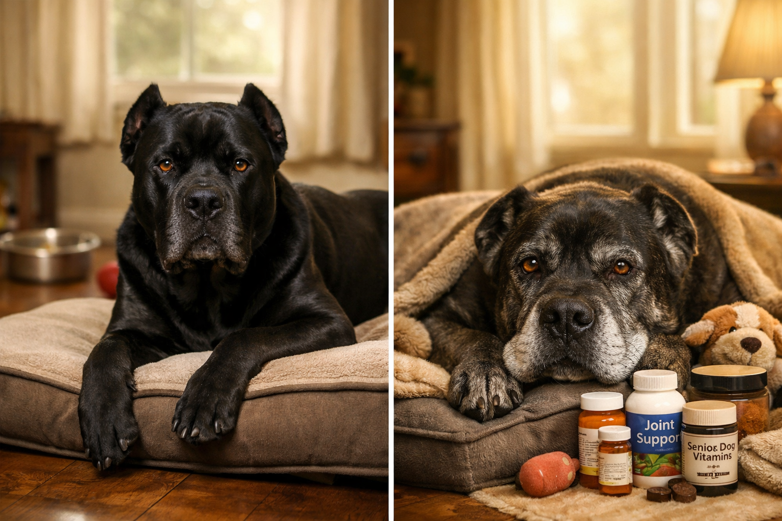 Detailed landscape image (1536x1024) featuring dignified senior Cane Corso with graying muzzle, wise gentle eyes, resting comfortably on ort
