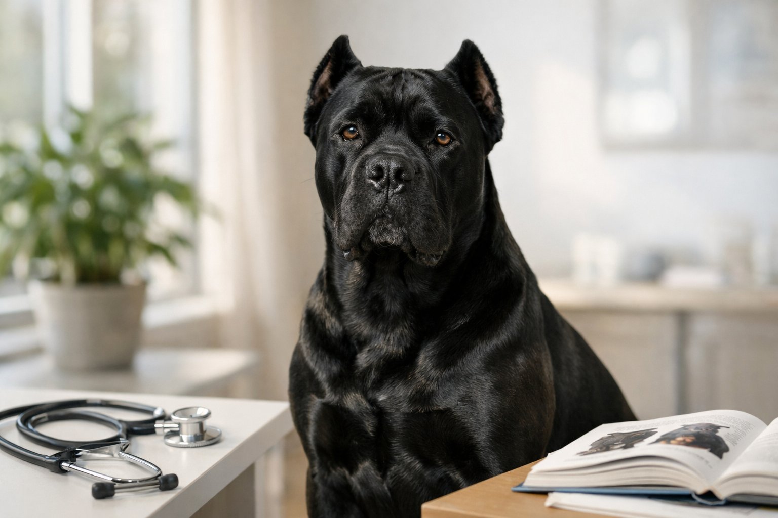 A calm black Cane Corso dog sitting indoors with a stethoscope and open books nearby.