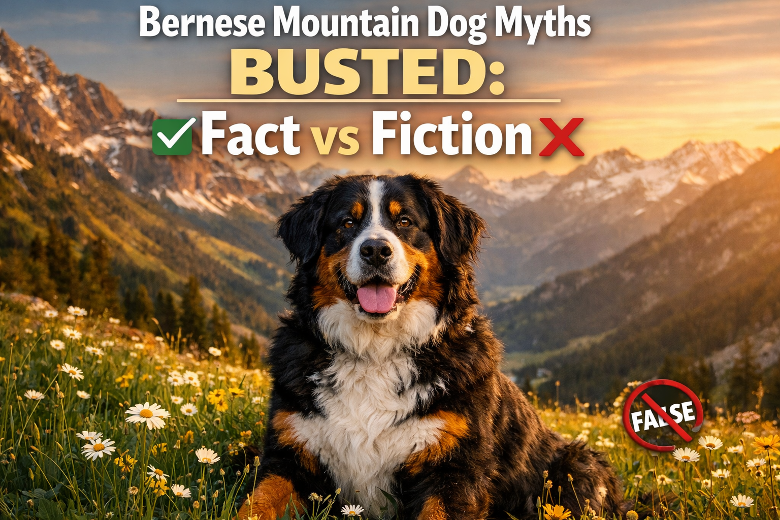 Professional portrait/Pinterest format (1024x1536) hero image featuring bold text overlay 'Bernese Mountain Dog Myths BUSTED: Fact vs Fictio