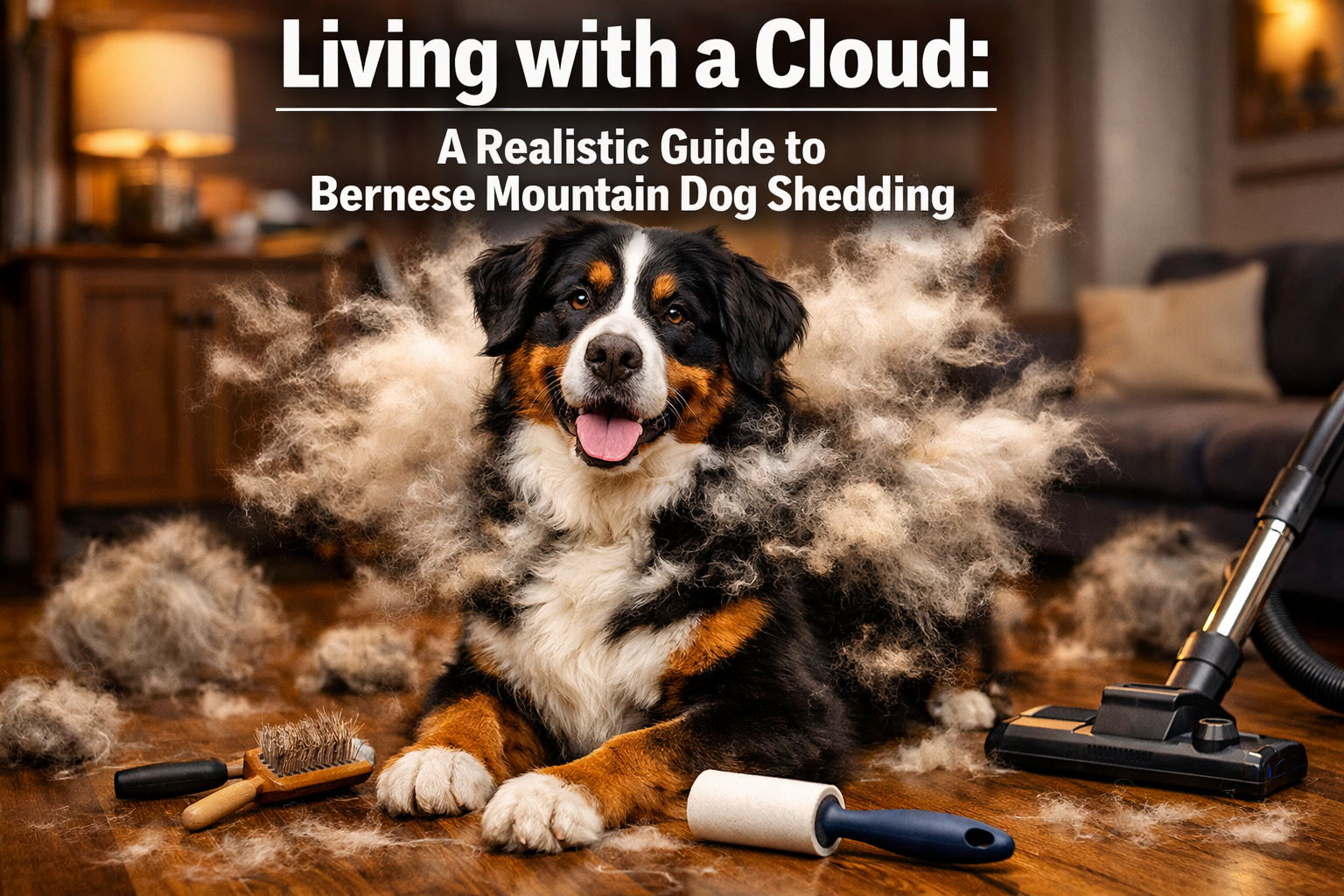 Professional portrait/Pinterest format (1024x1536) hero image featuring a beautiful tri-colored Bernese Mountain Dog with visible fur floati