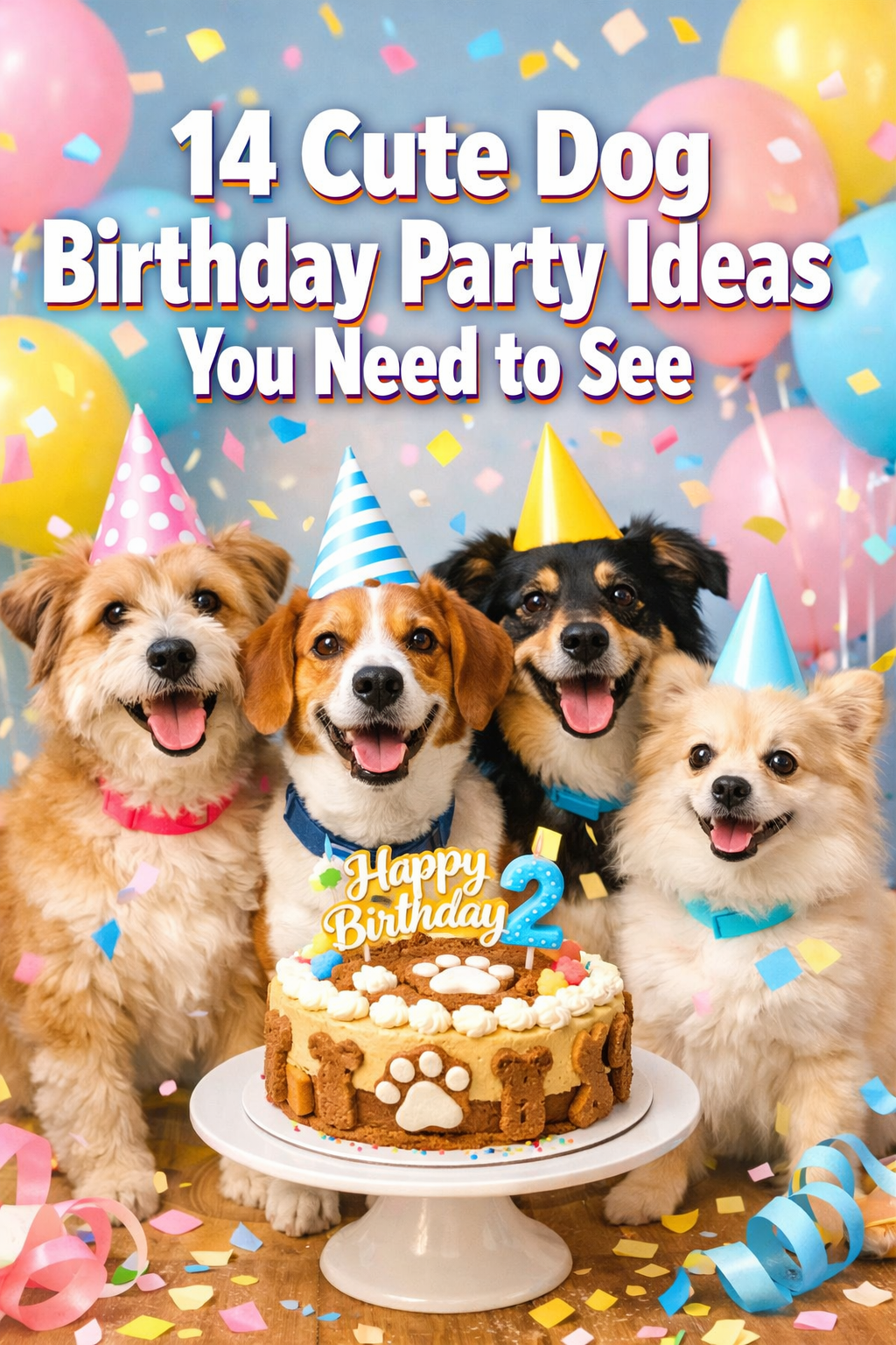 Professional portrait/Pinterest format (1024x1536) hero image featuring bold text overlay '14 Cute Dog Birthday Party Ideas You Need to See'