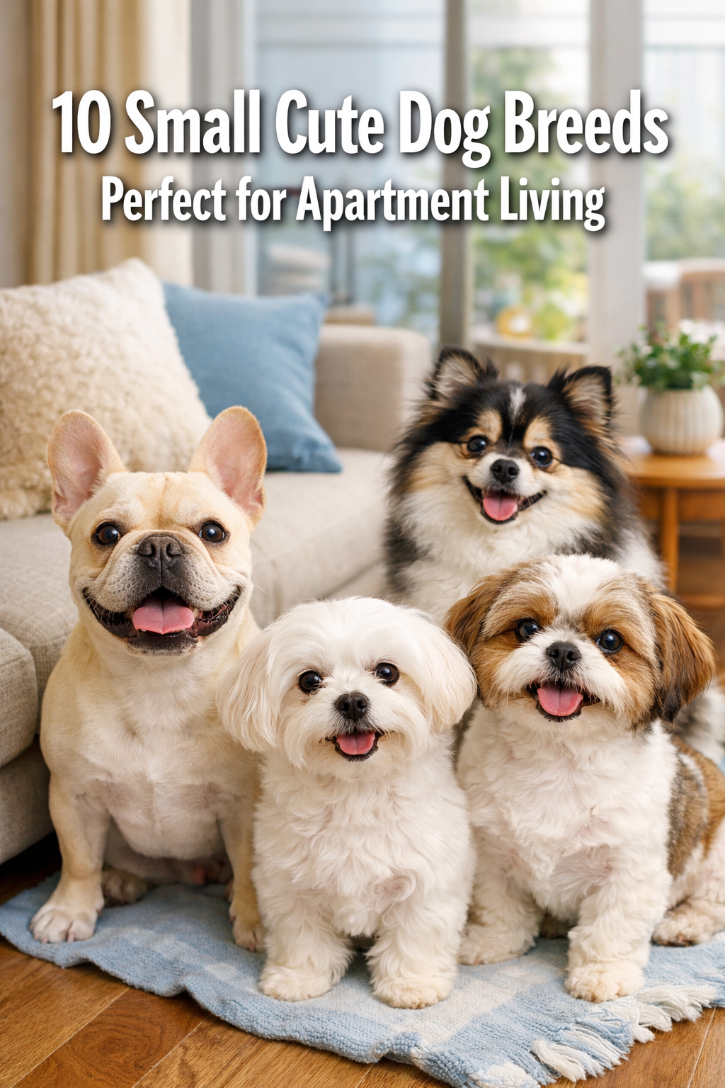 Professional portrait/Pinterest format (1024x1536) hero image featuring bold text overlay '10 Small Cute Dog Breeds Perfect for Apartment Li