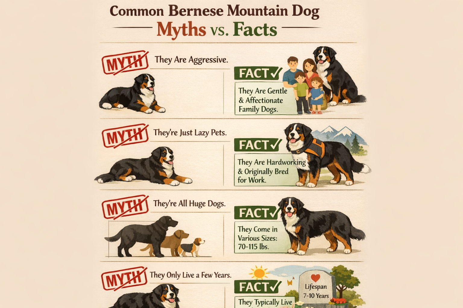 Portrait/Pinterest format (1024x1536) infographic showing common Bernese Mountain Dog myths with red 'MYTH' stamps crossed out next to corre