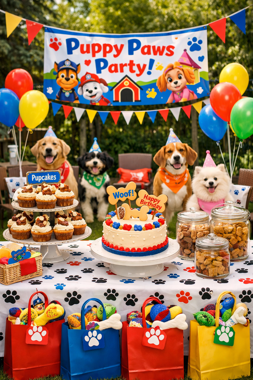 Portrait/Pinterest format (1024x1536) image showing elaborate dog birthday party setup with themed decorations including 'Paw Patrol' or 'Pu