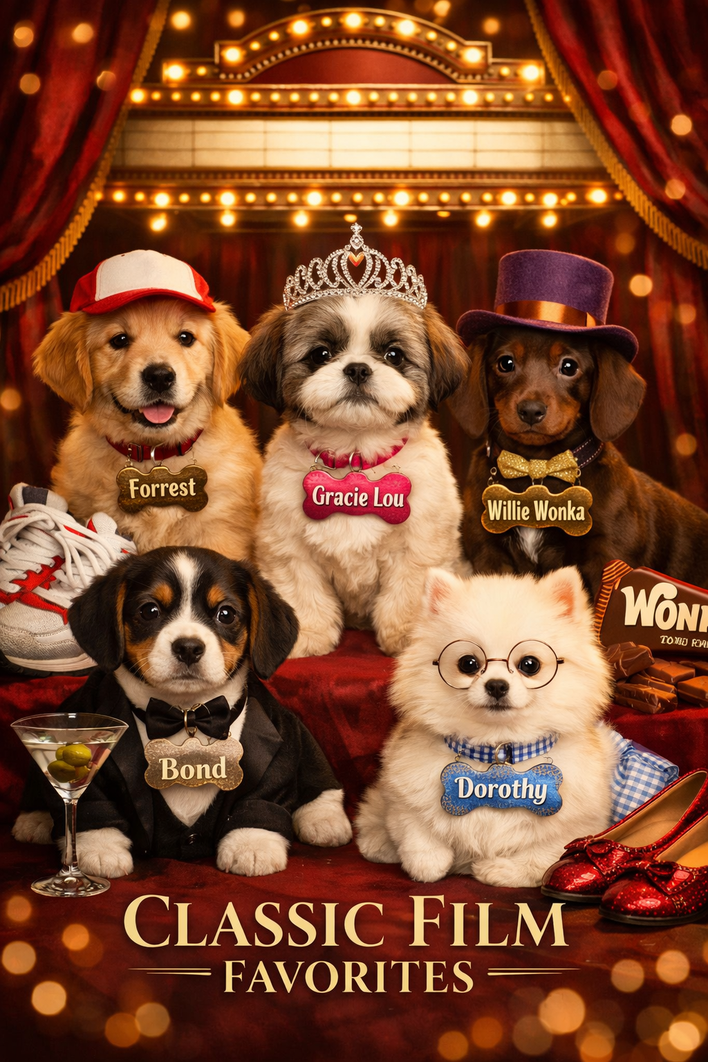 Portrait/Pinterest format (1024x1536) editorial image showing five different adorable puppies each wearing name tags with classic movie-insp