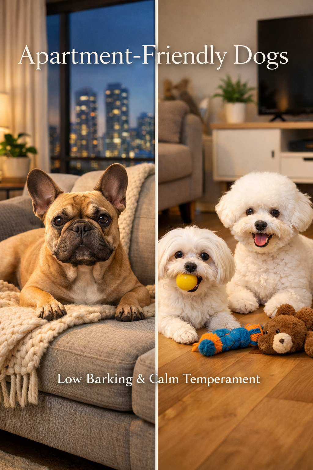 Detailed portrait/Pinterest format (1024x1536) image showing split-screen comparison of apartment-friendly dog breeds. Left side features Fr