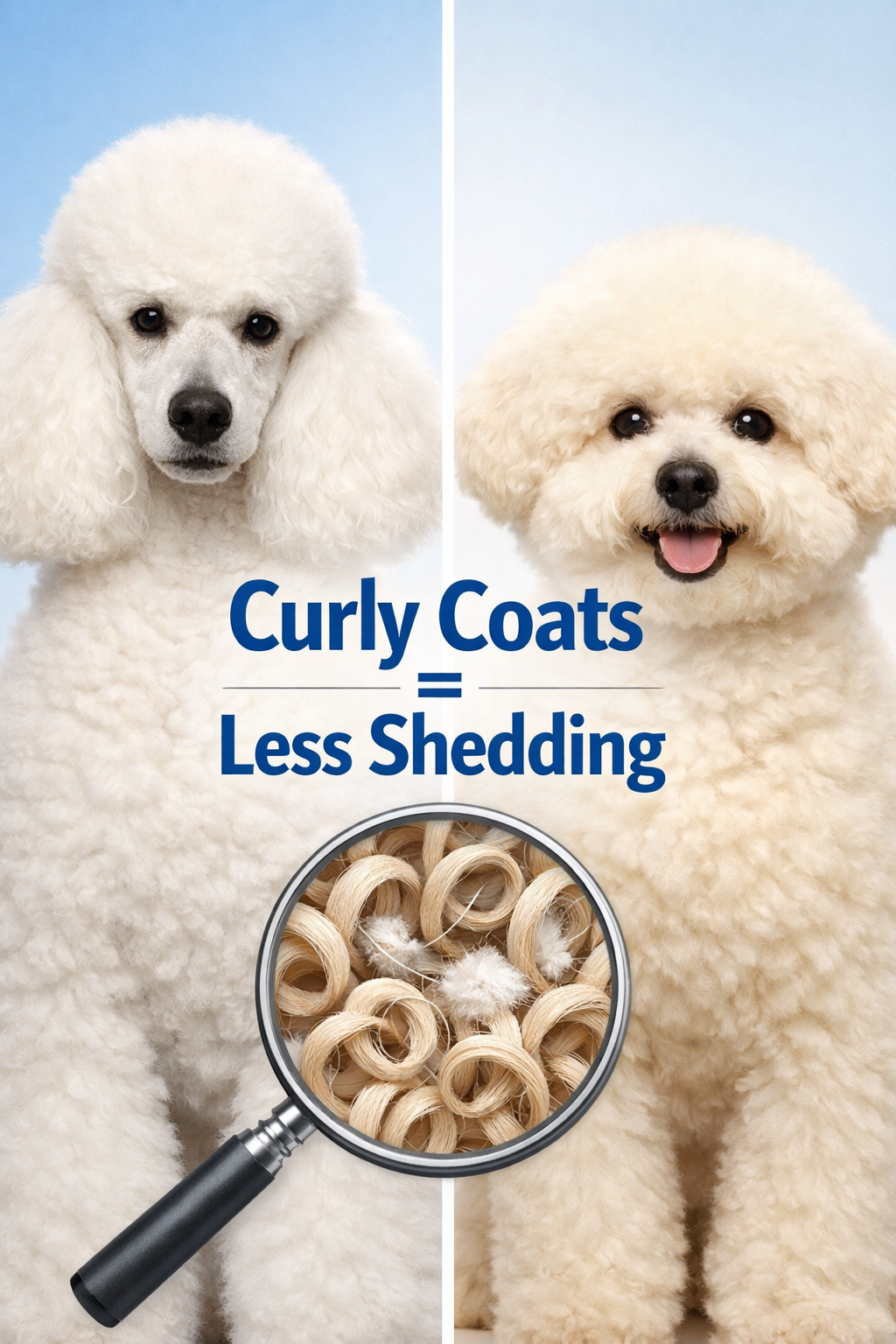 Portrait/Pinterest format (1024x1536) image showing side-by-side comparison of curly-coated low-shedding dog breeds. Left side features eleg