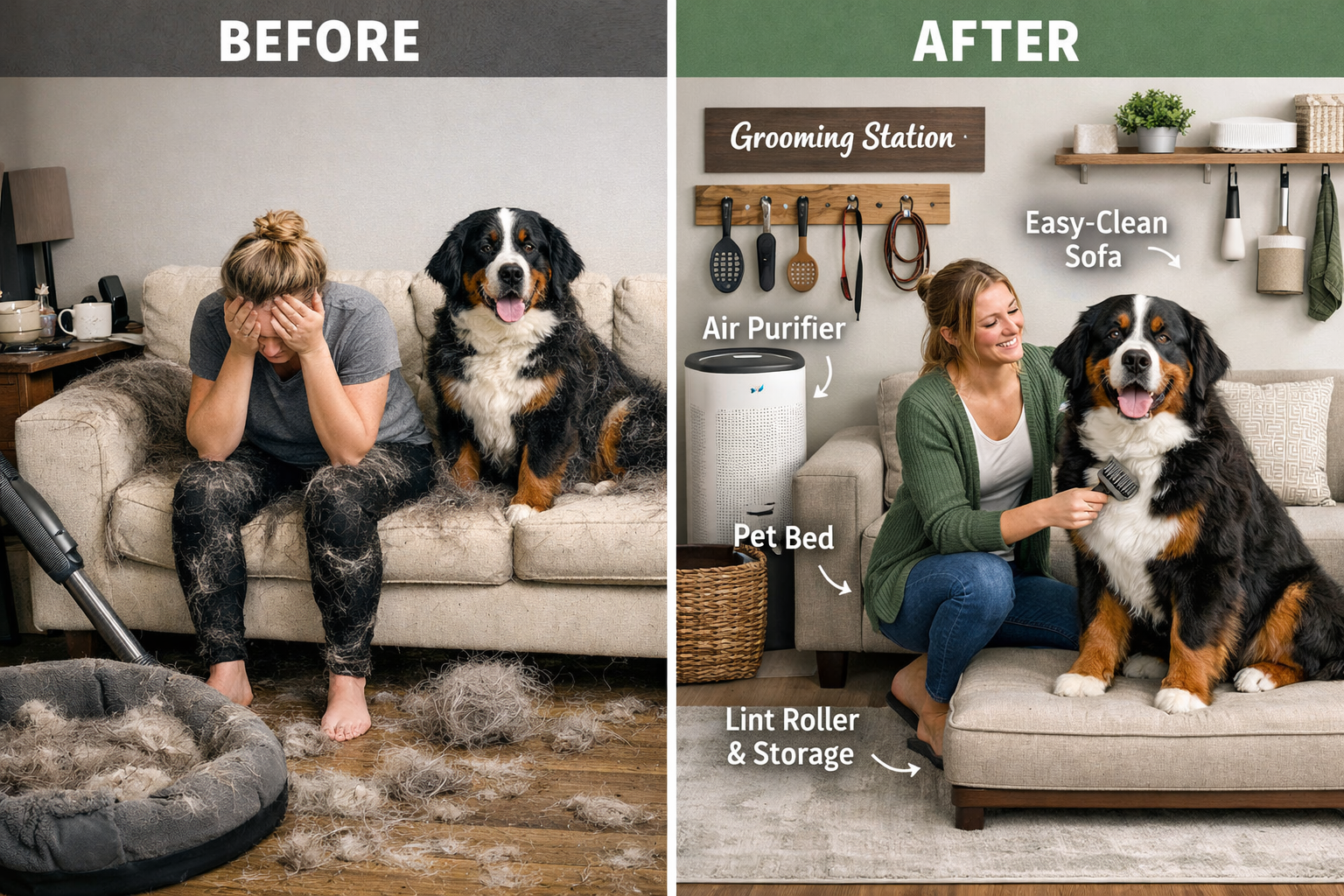 Portrait/Pinterest format (1024x1536) split-screen comparison showing 'before and after' home scenes - left side shows furniture covered in