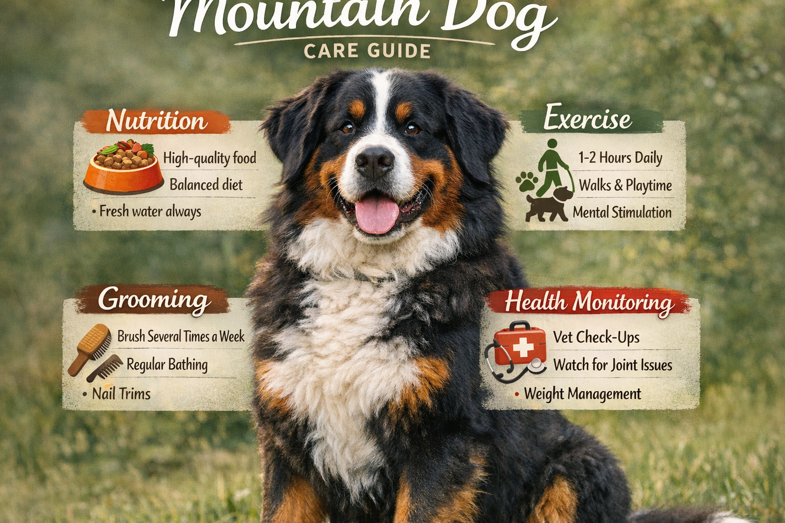 Portrait/Pinterest format (1024x1536) comprehensive Bernese Mountain Dog care guide visualization featuring real photo of healthy BMD with o
