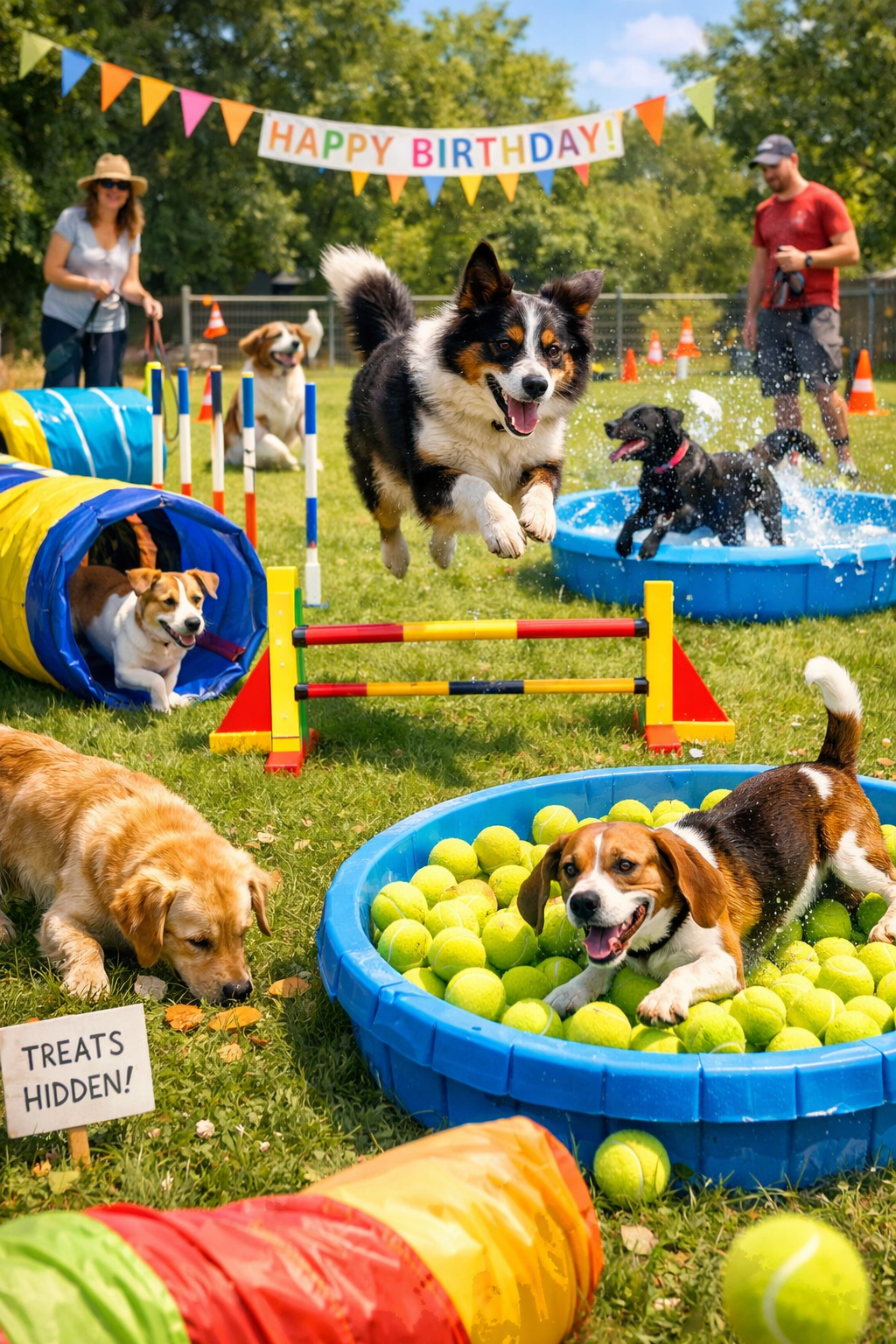 Portrait/Pinterest format (1024x1536) image displaying creative dog birthday party activities and games setup including agility course with