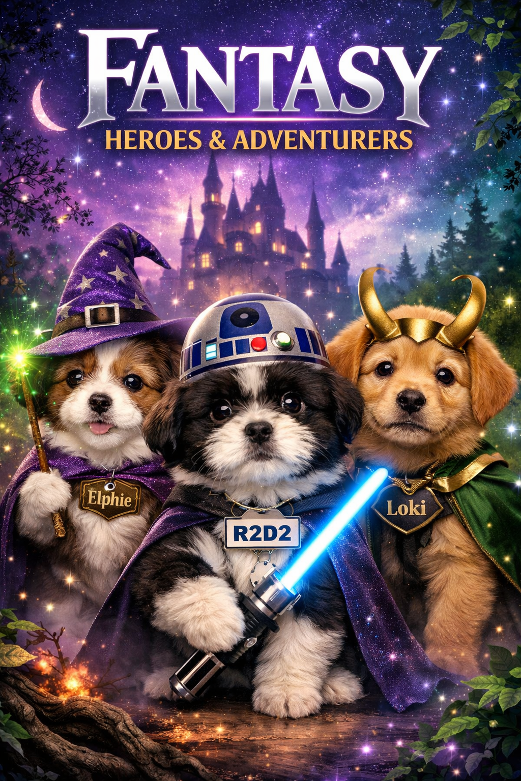 Portrait/Pinterest format (1024x1536) vibrant image featuring adorable puppies dressed in wizard robes, superhero costumes, and sci-fi acces