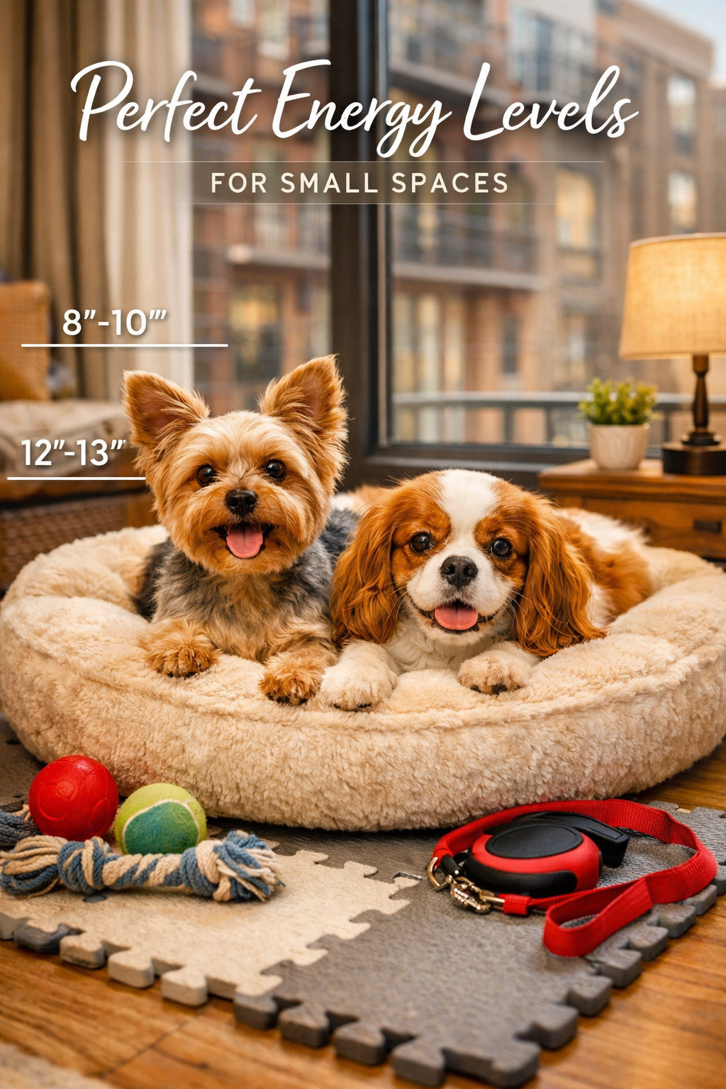 Detailed portrait/Pinterest format (1024x1536) image featuring Yorkshire Terrier and Cavalier King Charles Spaniel in stylish small apartmen