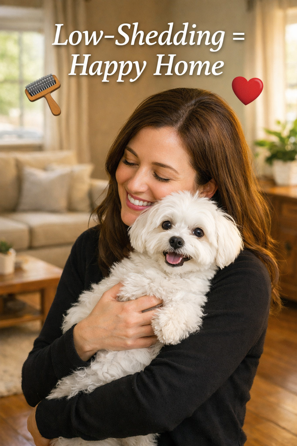 Portrait/Pinterest format (1024x1536) image featuring happy dog owner hugging adorable Maltese dog in cozy living room setting. Woman wearin