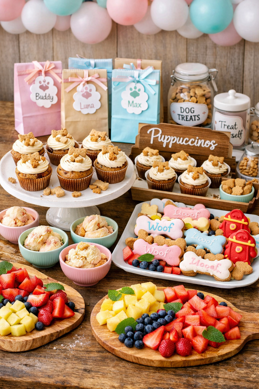 Portrait/Pinterest format (1024x1536) image showcasing dog birthday party food and treat table with gourmet pupcakes topped with yogurt fros
