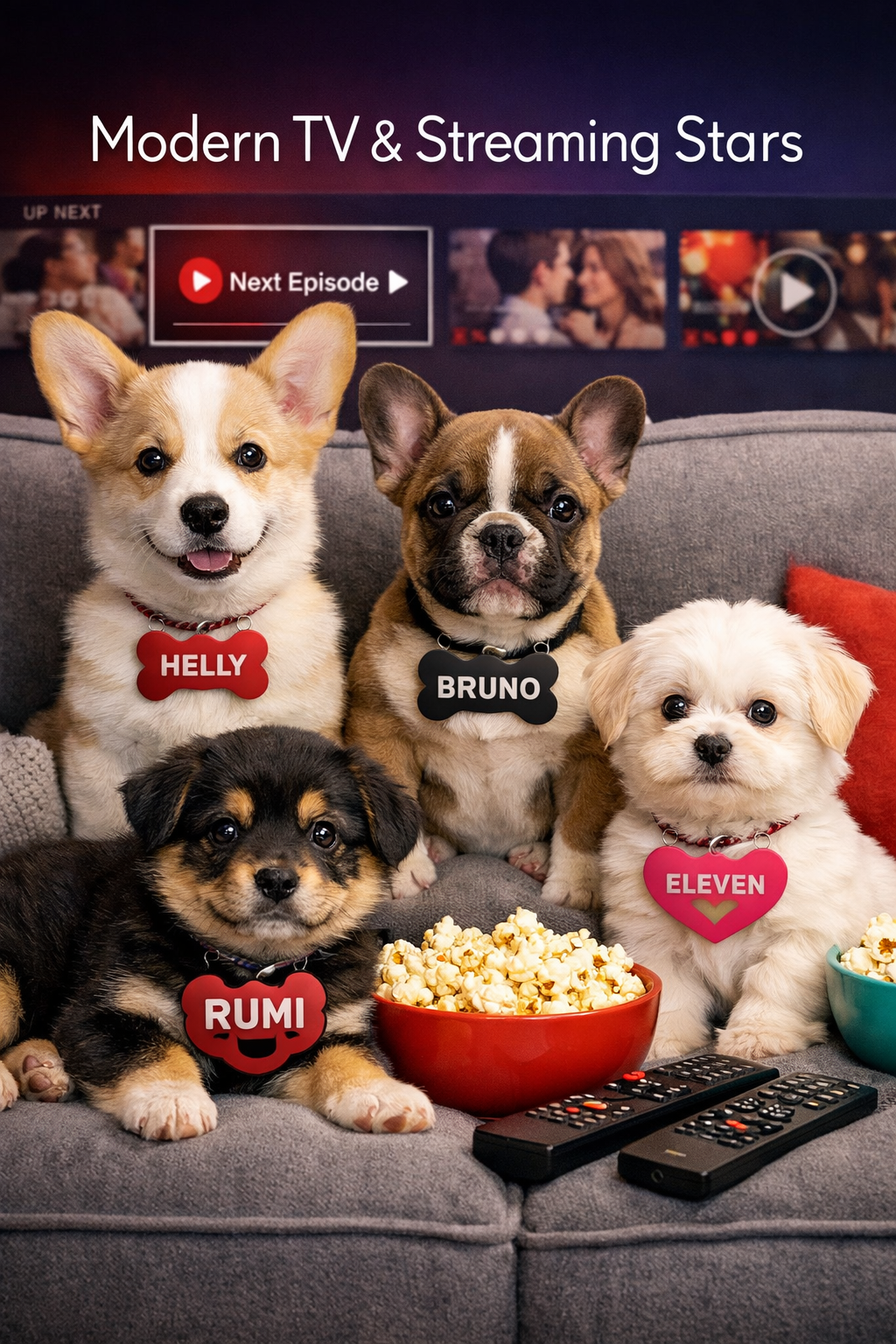 Portrait/Pinterest format (1024x1536) contemporary editorial image showing diverse group of puppies with modern name tags featuring trending