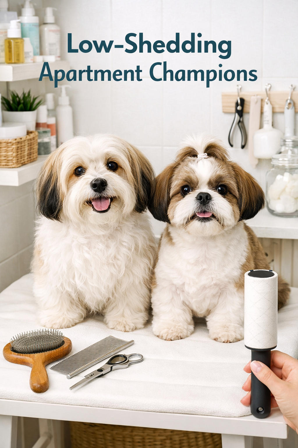 Detailed portrait/Pinterest format (1024x1536) image showing Havanese and Shih Tzu grooming station in compact apartment bathroom or corner 