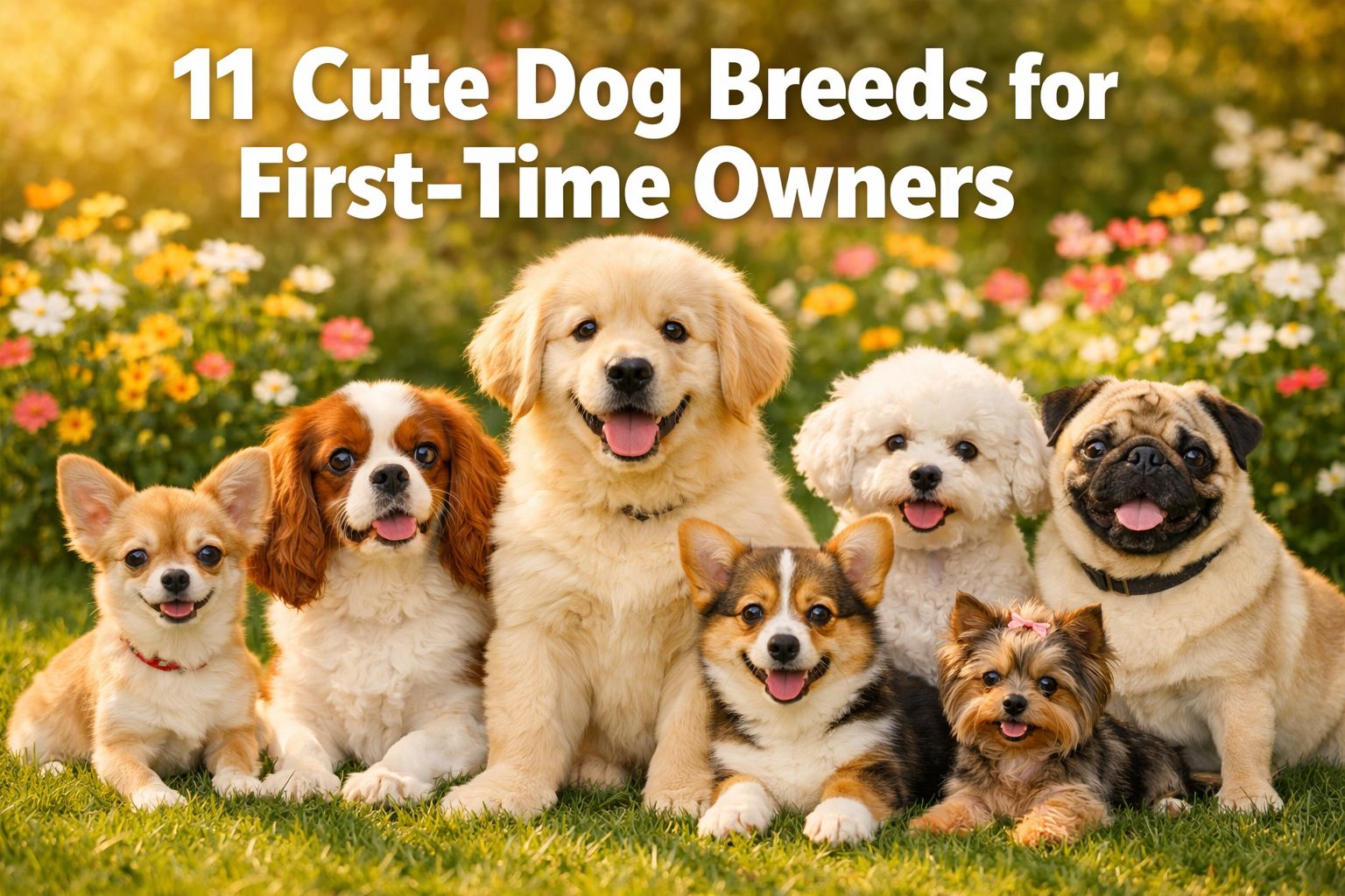 Professional () hero image featuring '11 Cute Dog Breeds for First-Time Owners' in extra large white with soft drop ,