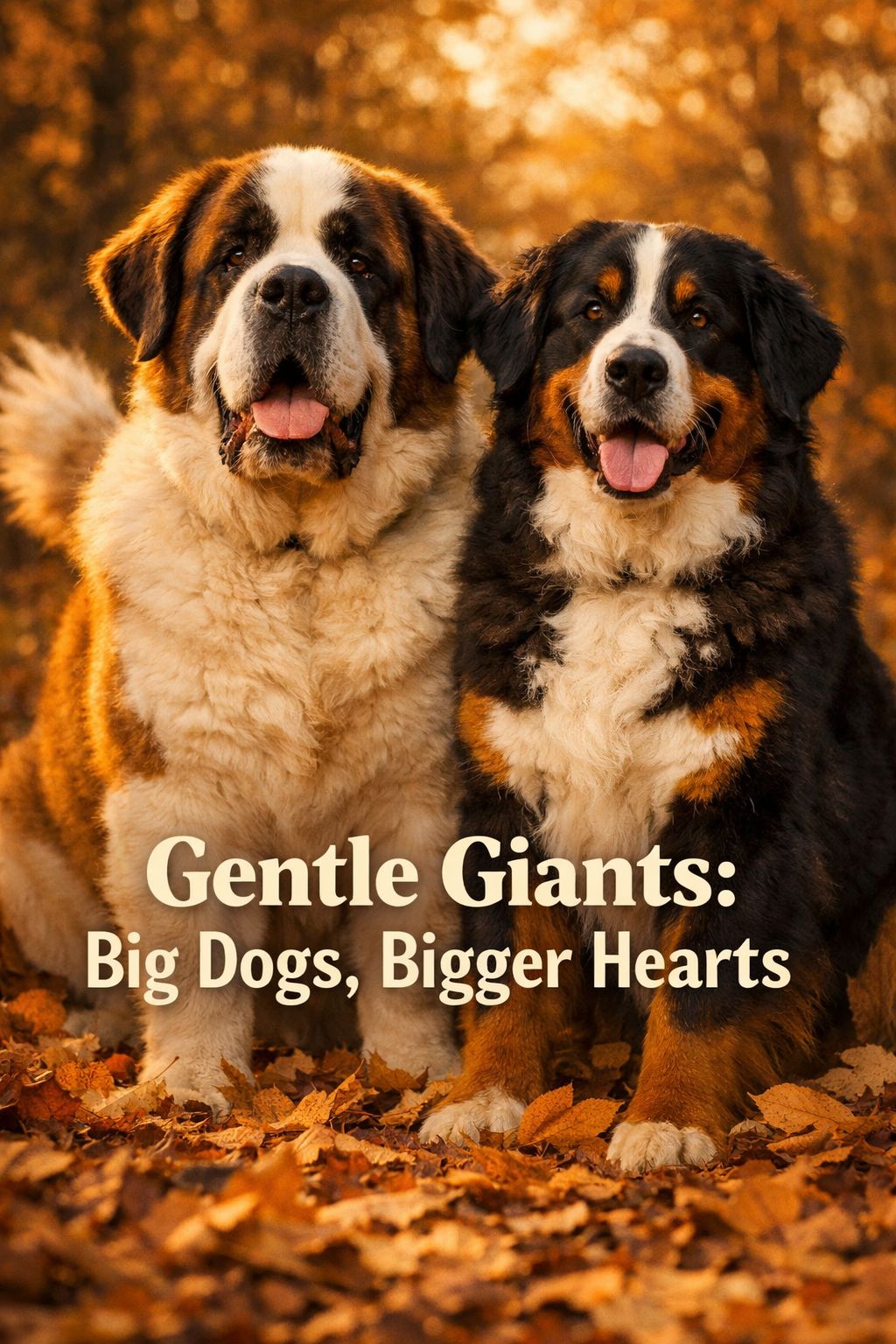 Portrait/Pinterest format () showing a majestic Saint Bernard and Bernese Mountain Dog side by side outdoors in autumn