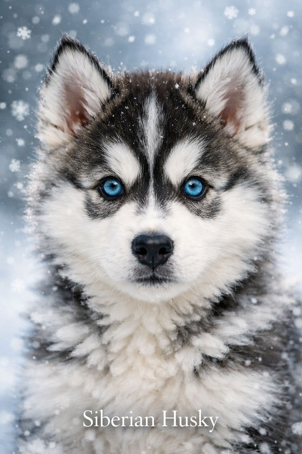 Portrait/Pinterest format () close-up editorial photo of a fluffy Siberian Husky puppy with piercing icy blue eyes, face