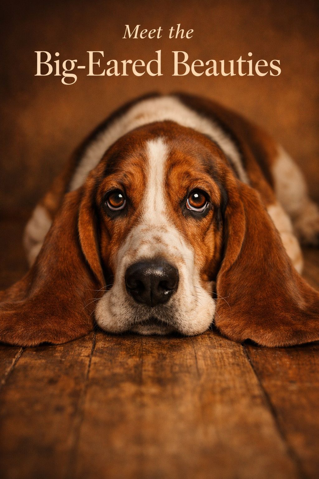 Portrait/Pinterest format () showing a close-up studio portrait of a Basset Hound with dramatically long, velvety floppy