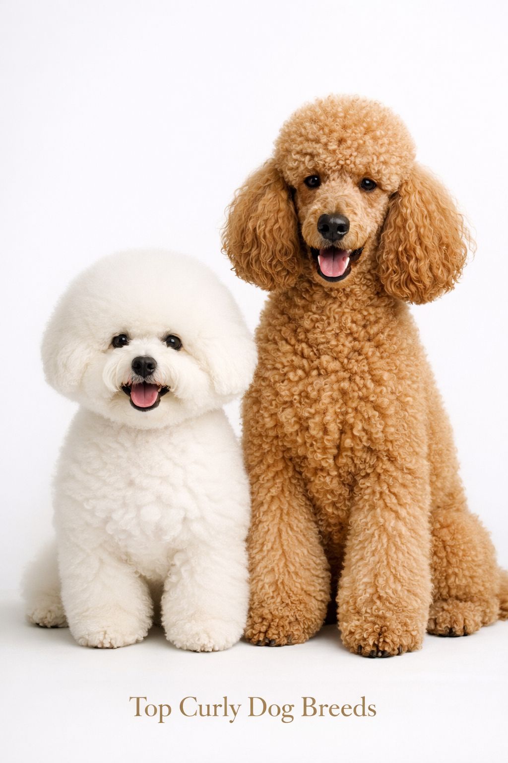 () editorial image showing a fluffy white Bichon Frise and a standard Poodle side by side on a bright white studio