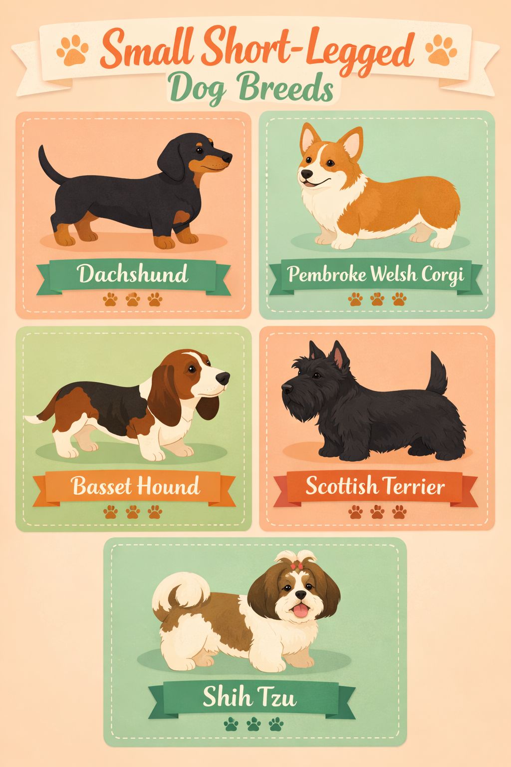 Portrait/Pinterest format () editorial illustration showing a detailed comparison grid of five small short-legged dog breeds