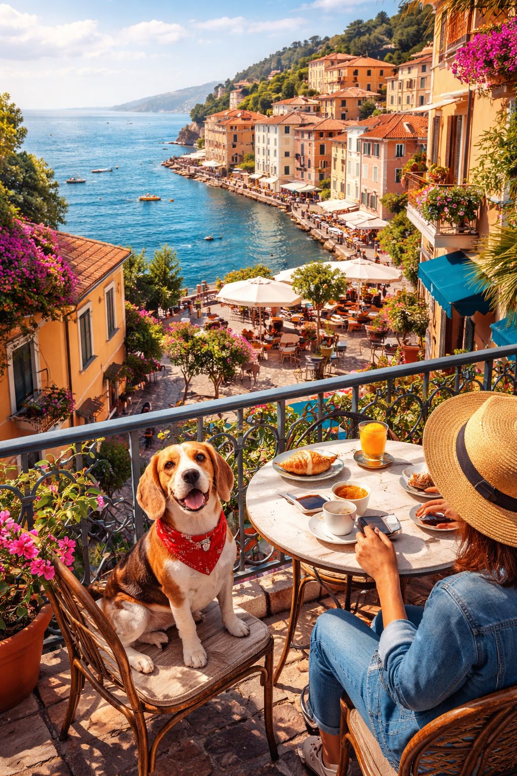 Portrait/Pinterest format () showing an aerial view of a charming European coastal town with pastel-colored buildings, a
