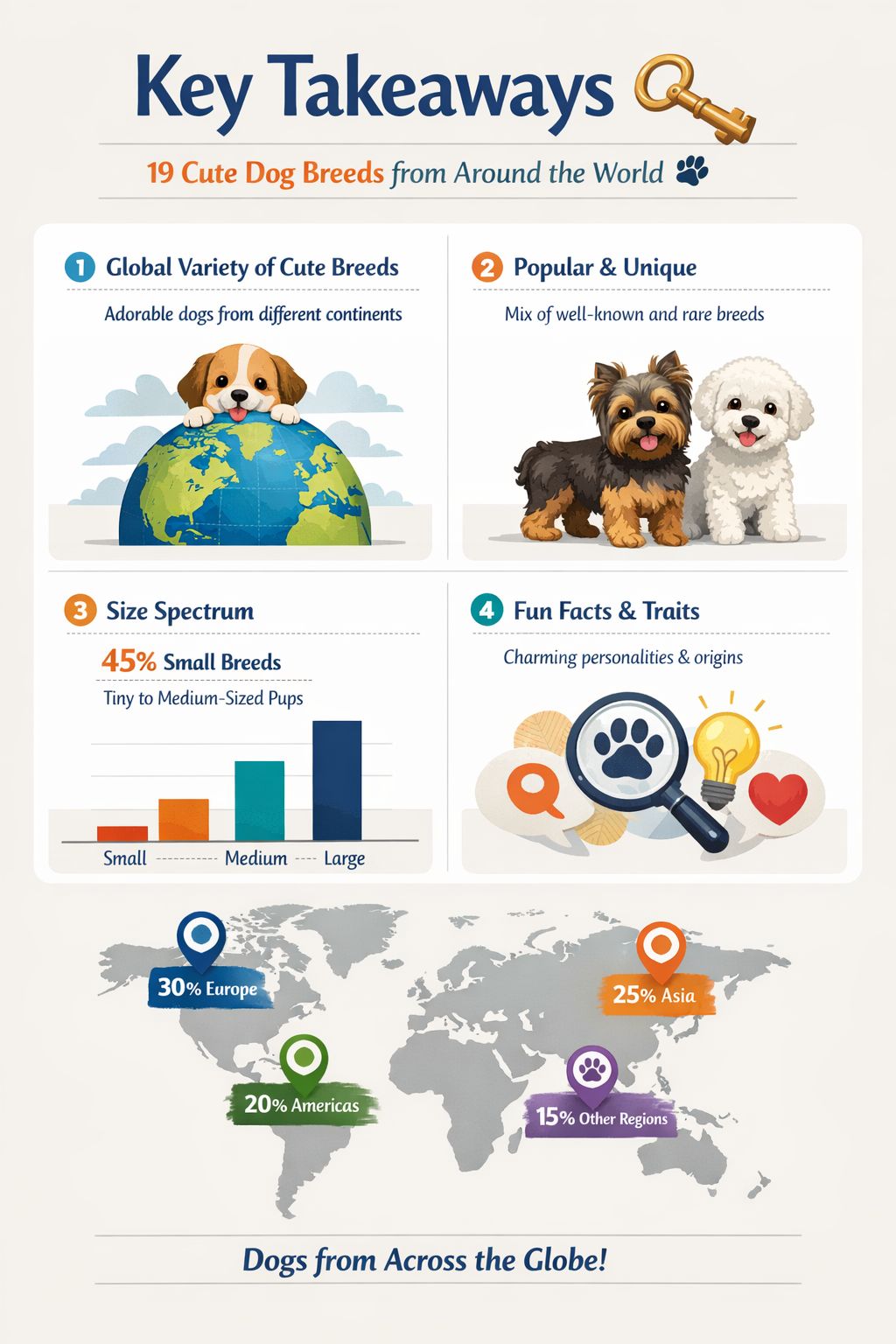 Professional infographic for article "19 Cute Dog Breeds from Around the World 🐾", section: "Key Takeaways 🗝️". Include